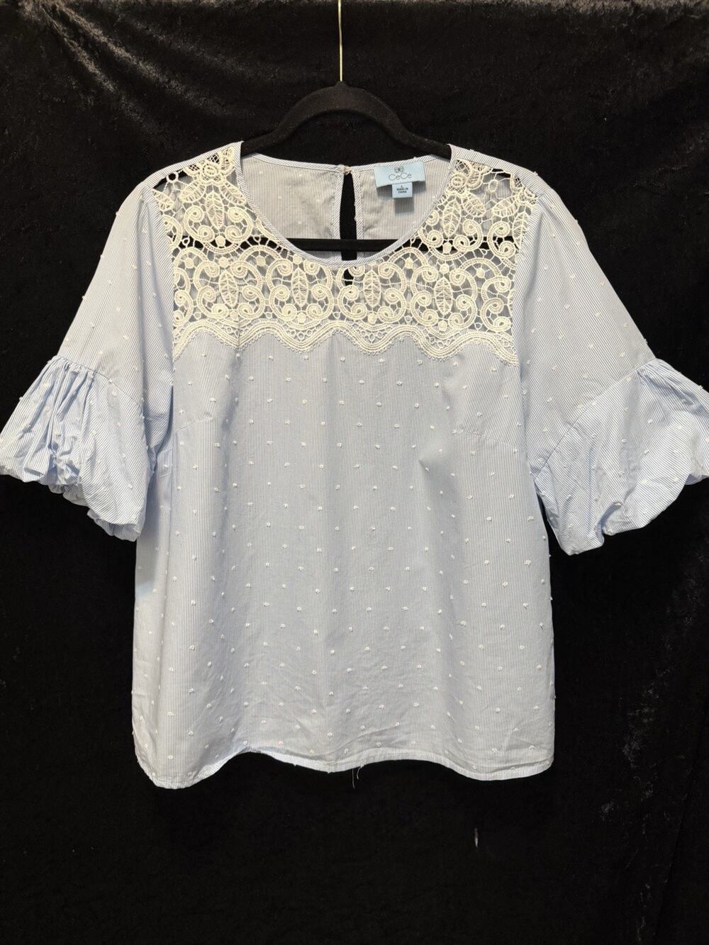 CeCe Women’s Blue Striped Polka Dot Lace Yoke Blouse Sz L Puff Sleeves Button